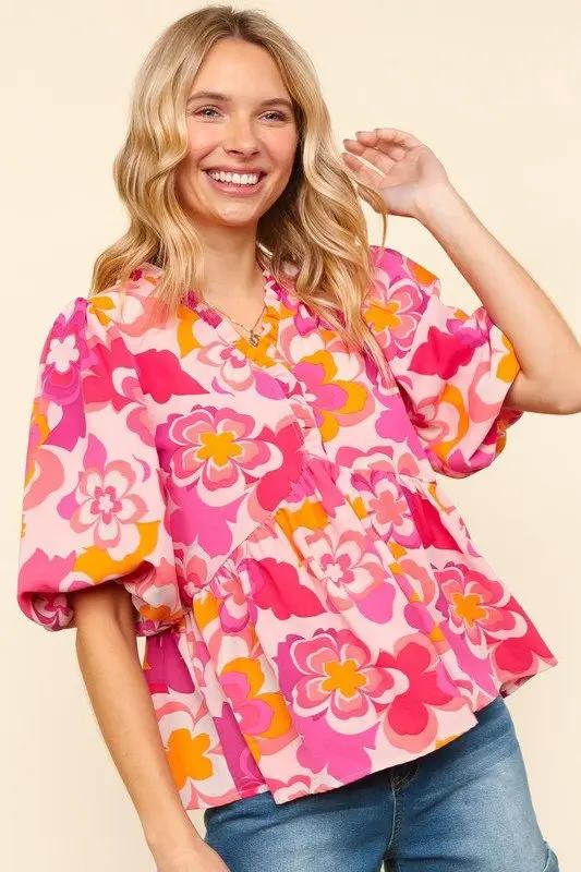 Haptics Full Size Frill Floral Puff Sleeve Blouse Women - Love Salve